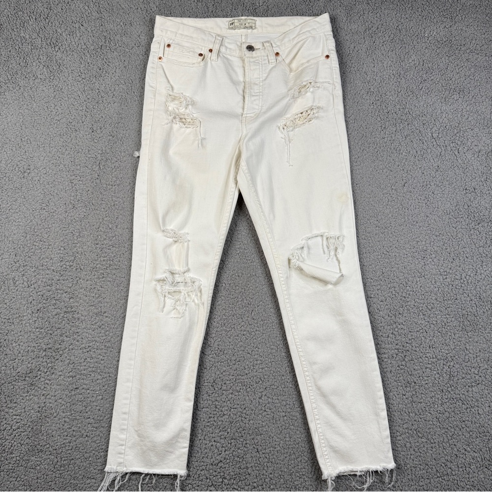 Free People Jeans Size 28 White Distressed Straight Ankle Raw Hem High Rise